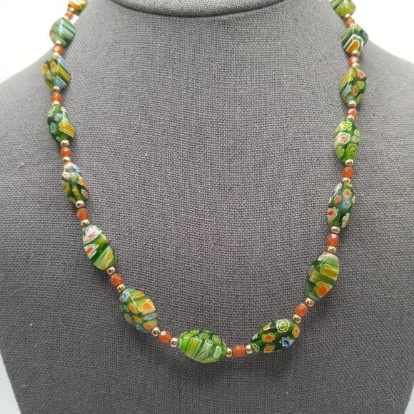 Vintage Millefiori Lamp Work Bead Necklace, Green Rust Gold, 19 Inches - Picture 2 of 9